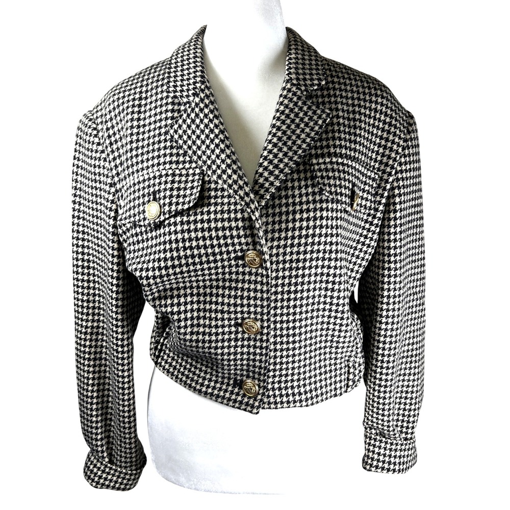 Vtg Bill Blass Wool Houndstooth Cropped Jacket Womens Gold Button Blazer Small